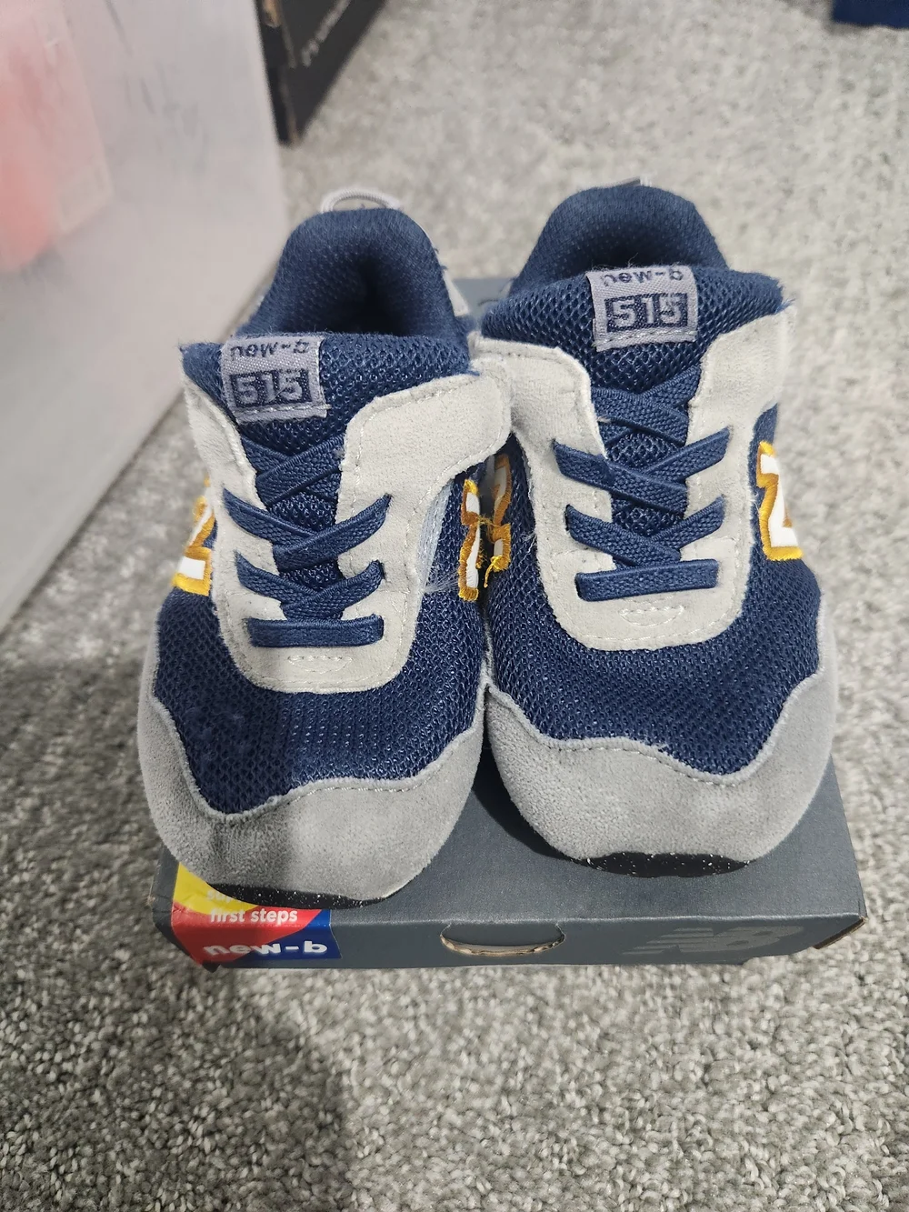 New Balance Kids Navy, Gray and Yellow Sneaker 5.5 Wide